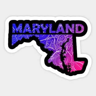 Colorful mandala art map of Maryland with text in blue and violet Sticker